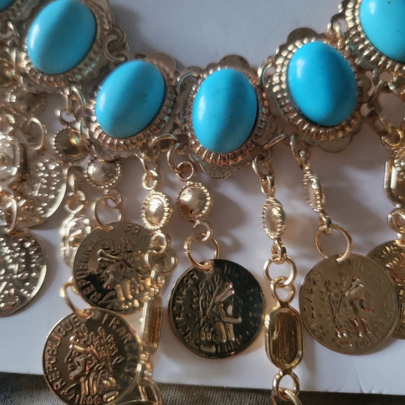 Gold & Turquoise Large Statement Necklace - Picture 2 of 3